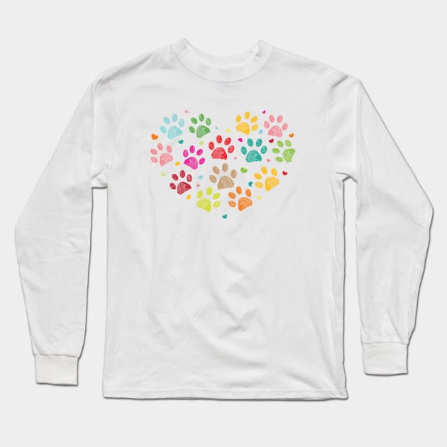Colorful doodle dog paw print made of heart Long Sleeve T-Shirt by GULSENGUNEL